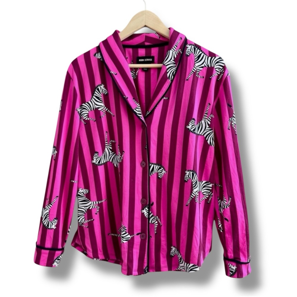 Room Service Pink Zebra Print Pajama Set Notch Collar Top - Picture 2 of 9